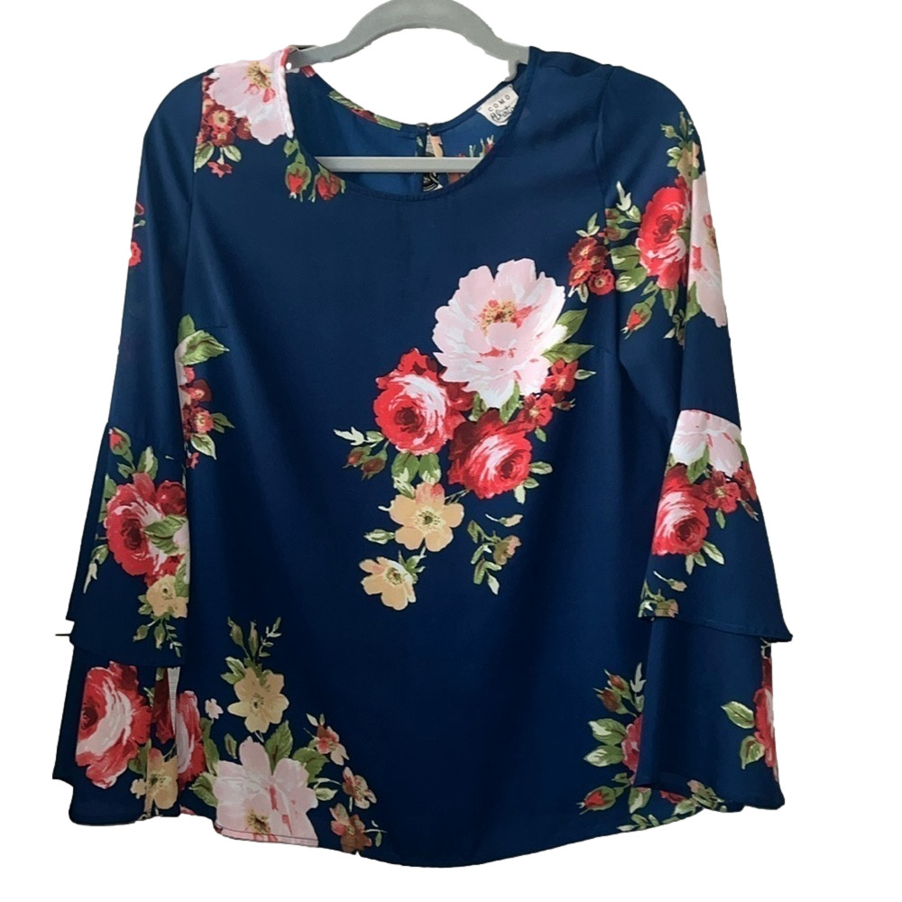 Como Vintage Blue and Red Bell Sleeve Blouse